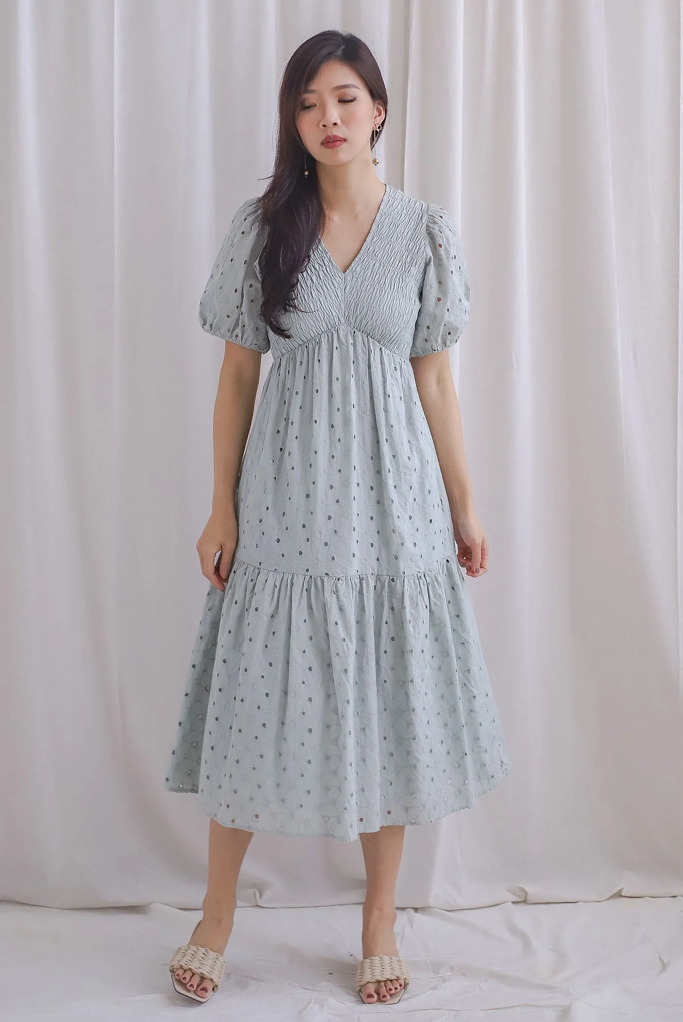 TDC Coraline Eyelet Smocked Empire Dress In Seafoam