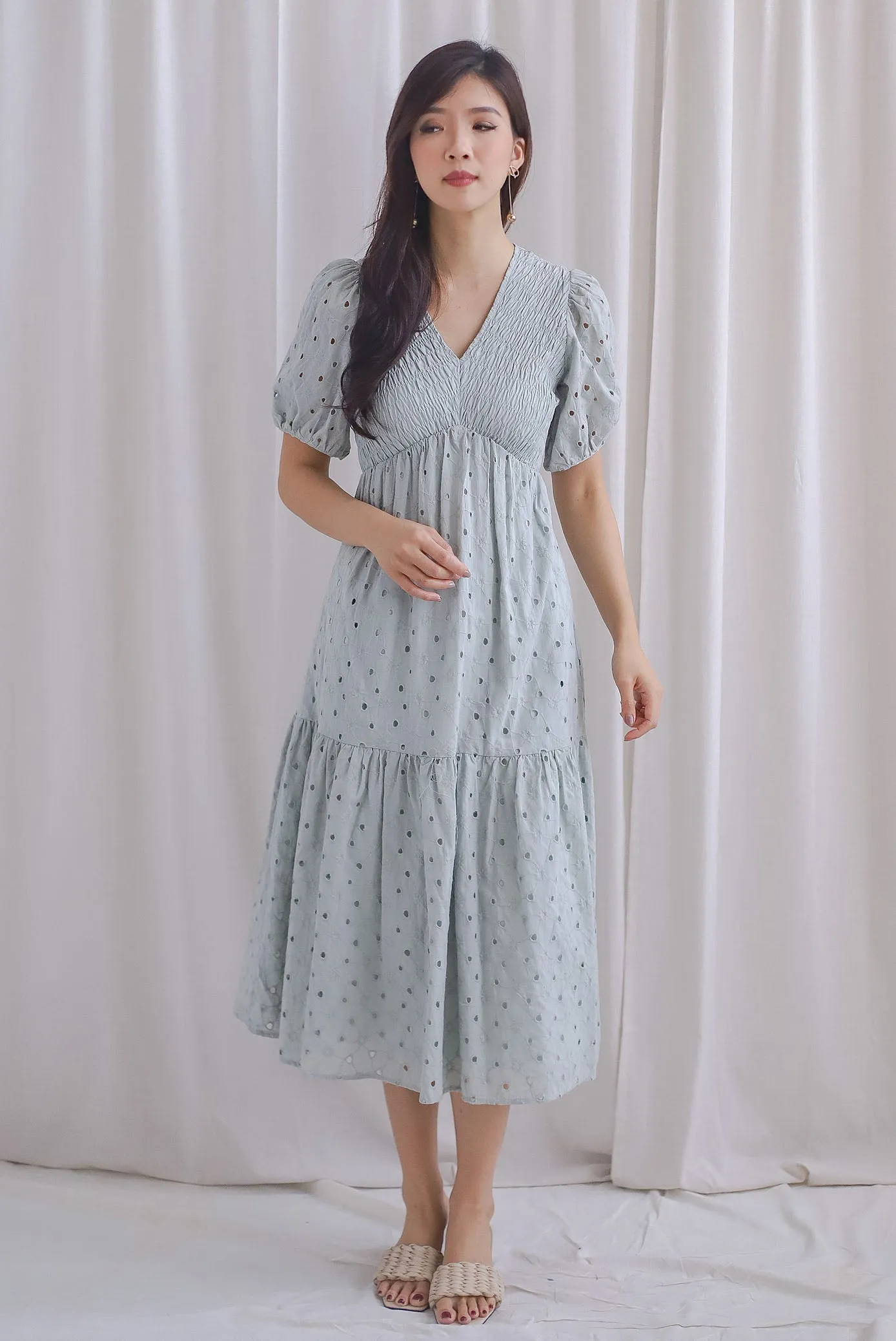 TDC Coraline Eyelet Smocked Empire Dress In Seafoam
