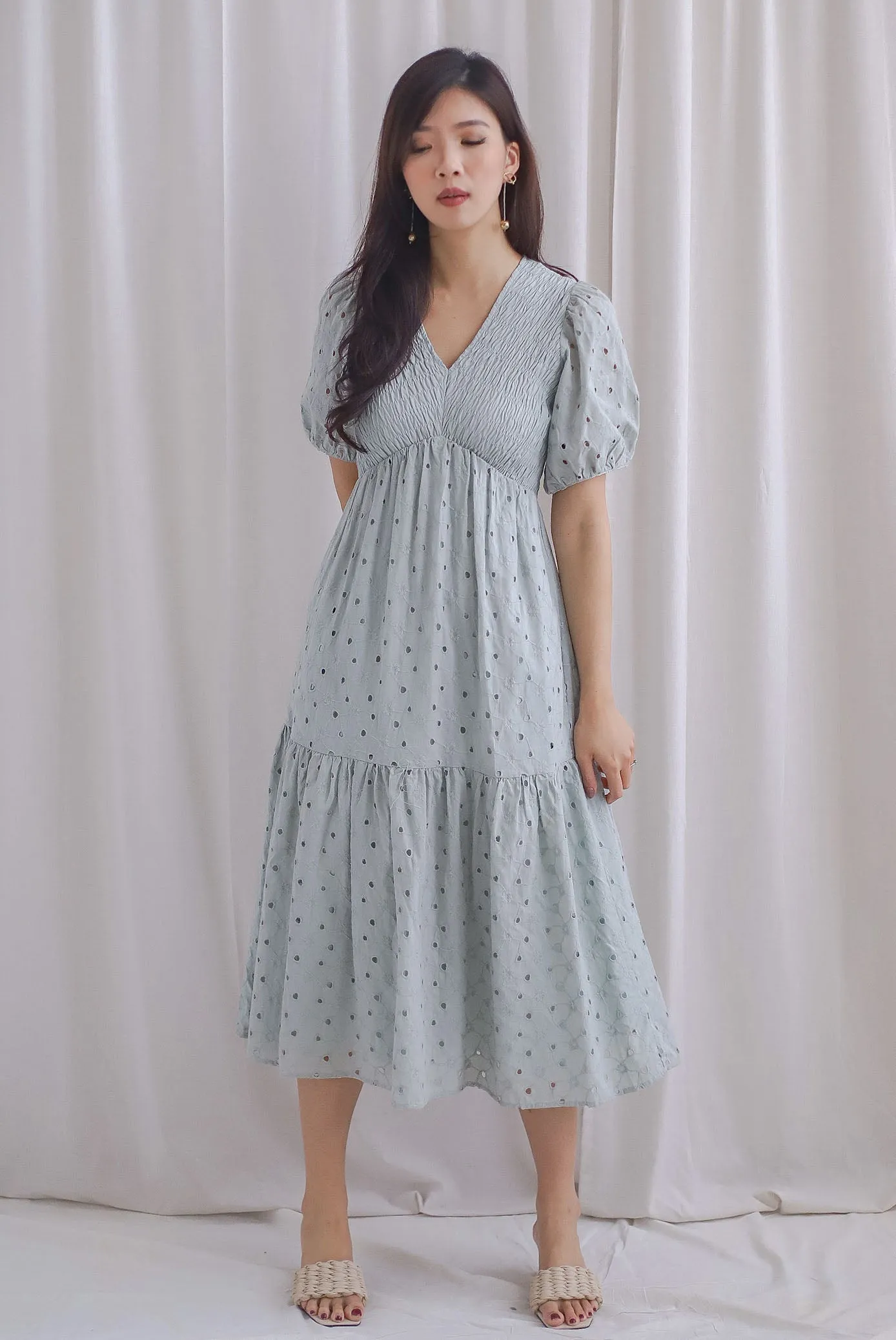 TDC Coraline Eyelet Smocked Empire Dress In Seafoam