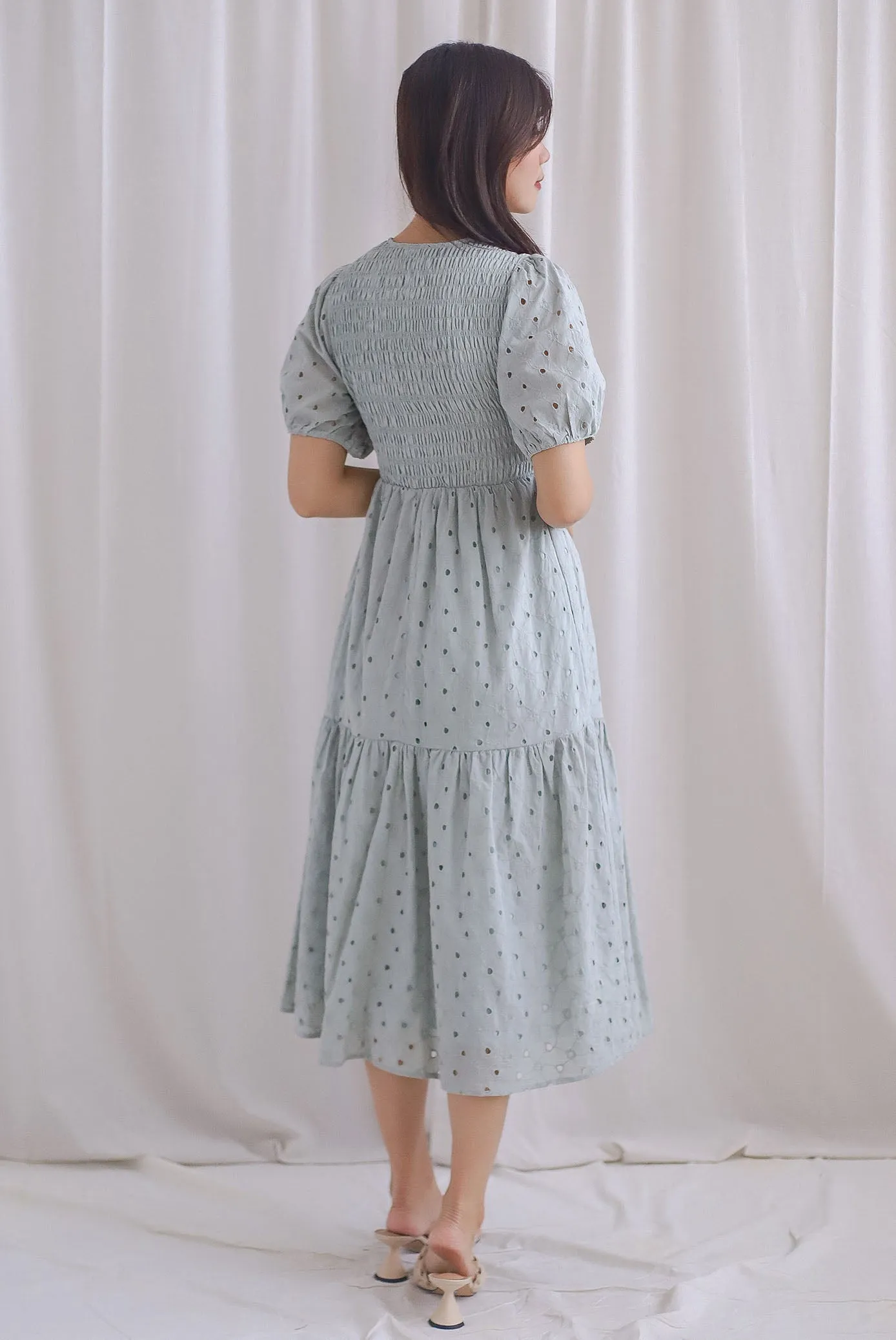 TDC Coraline Eyelet Smocked Empire Dress In Seafoam