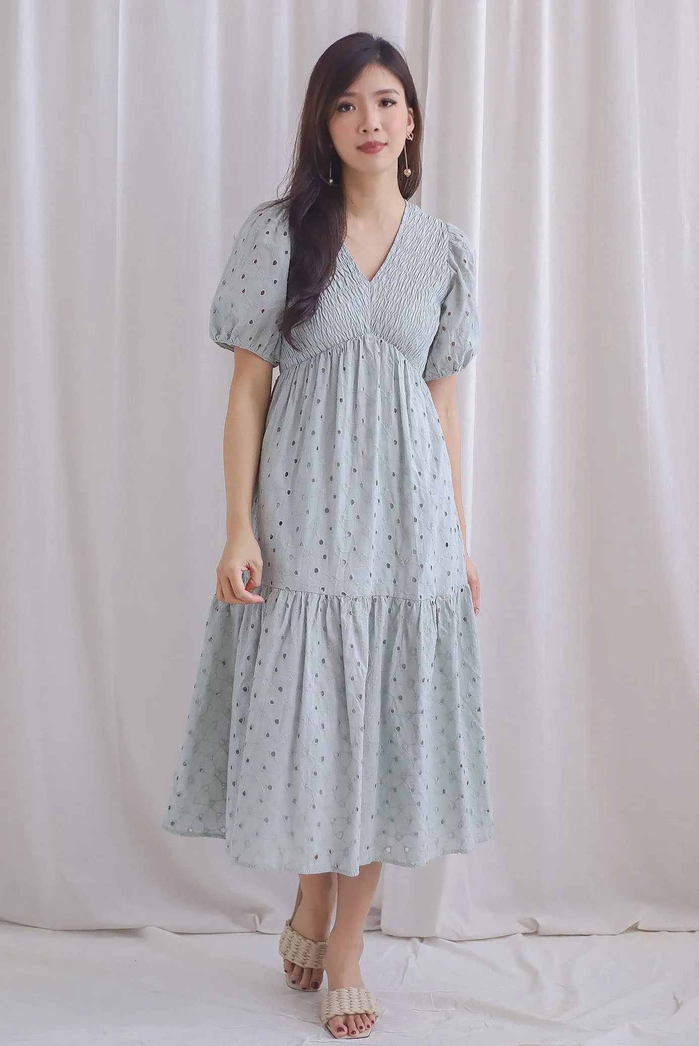 TDC Coraline Eyelet Smocked Empire Dress In Seafoam
