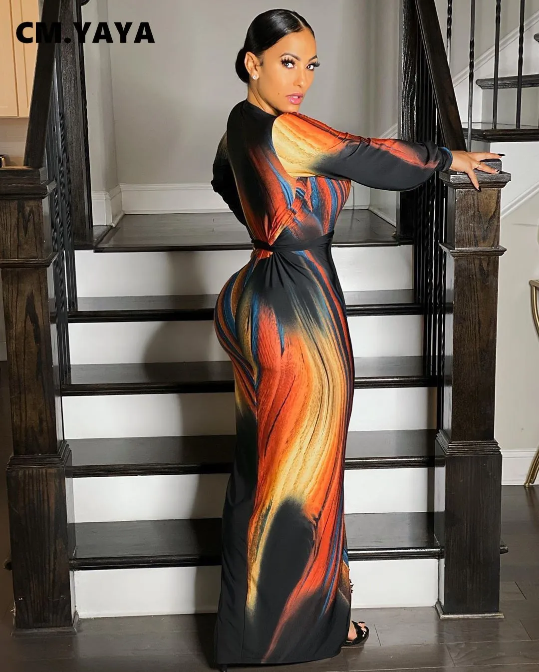 Tie Dye Striped Print Bodycon Maxi Dress
