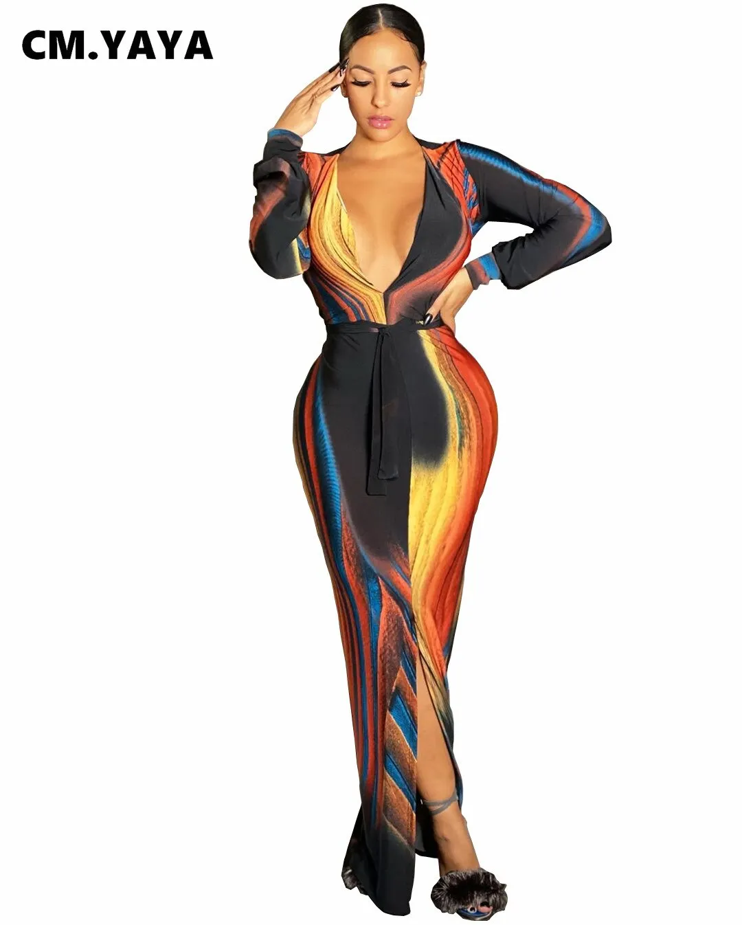 Tie Dye Striped Print Bodycon Maxi Dress