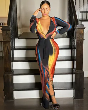 Tie Dye Striped Print Bodycon Maxi Dress