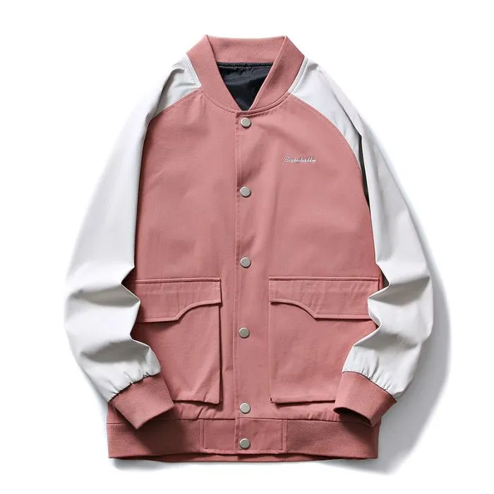 Trendy Patchwork Varsity Jacket Featuring Elastic Band Cuffs