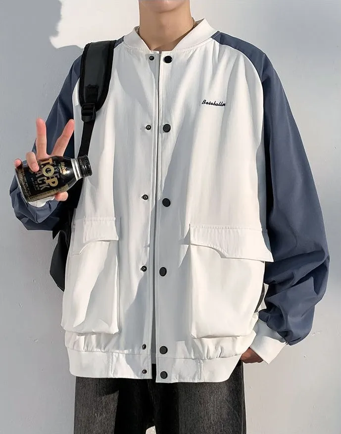 Trendy Patchwork Varsity Jacket Featuring Elastic Band Cuffs