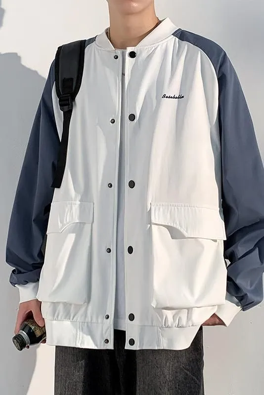 Trendy Patchwork Varsity Jacket Featuring Elastic Band Cuffs
