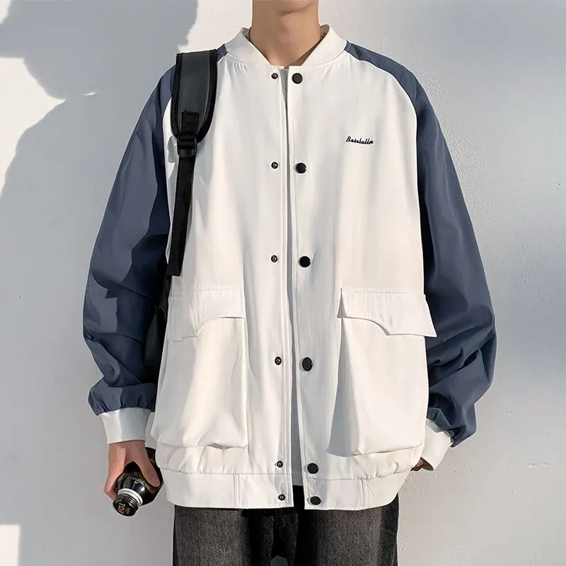 Trendy Patchwork Varsity Jacket Featuring Elastic Band Cuffs