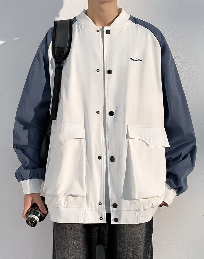 Trendy Patchwork Varsity Jacket Featuring Elastic Band Cuffs