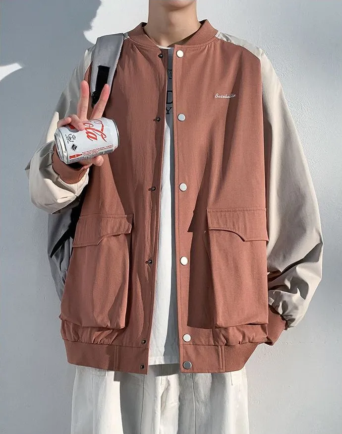 Trendy Patchwork Varsity Jacket Featuring Elastic Band Cuffs