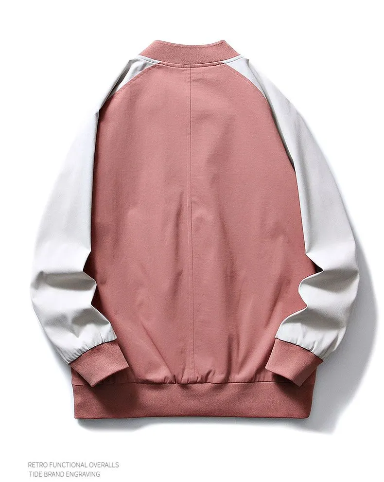 Trendy Patchwork Varsity Jacket Featuring Elastic Band Cuffs