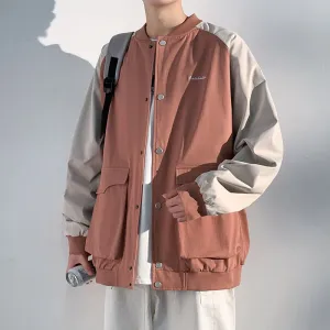 Trendy Patchwork Varsity Jacket Featuring Elastic Band Cuffs