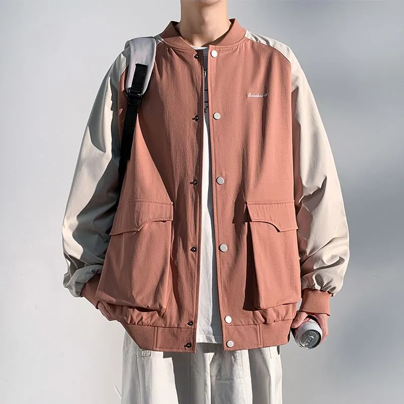 Trendy Patchwork Varsity Jacket Featuring Elastic Band Cuffs