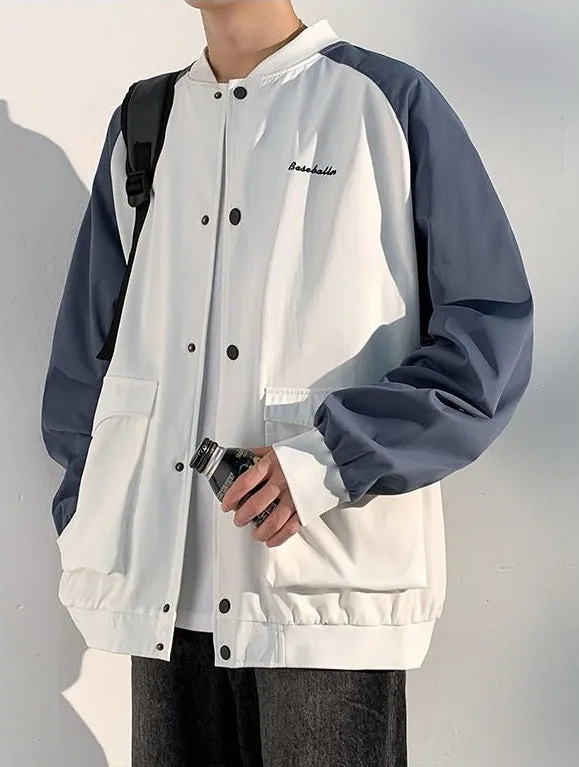 Trendy Patchwork Varsity Jacket Featuring Elastic Band Cuffs
