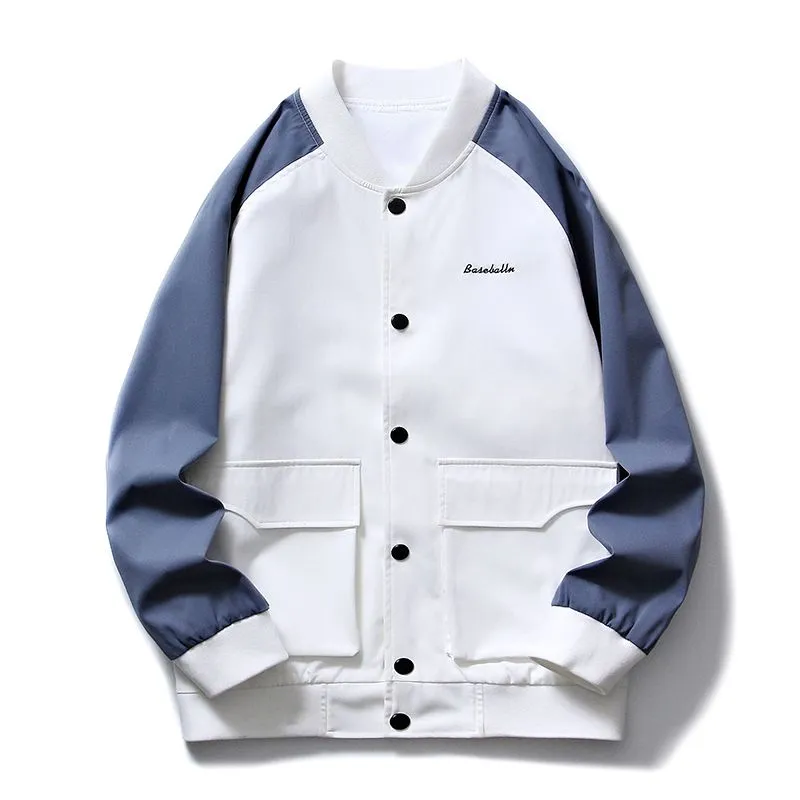 Trendy Patchwork Varsity Jacket Featuring Elastic Band Cuffs