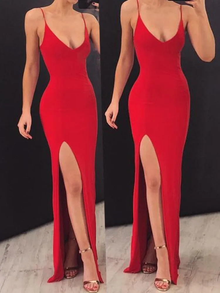 V-Neck Sheath Spaghetti Straps Red Elastic Satin Long Prom Dresses,MP446