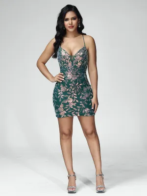 V Neck Spaghetti Straps Lace Mini Homecoming Dress