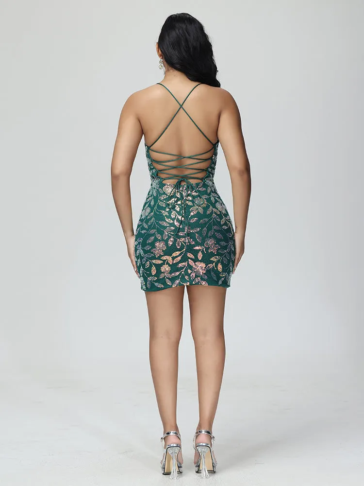 V Neck Spaghetti Straps Lace Mini Homecoming Dress