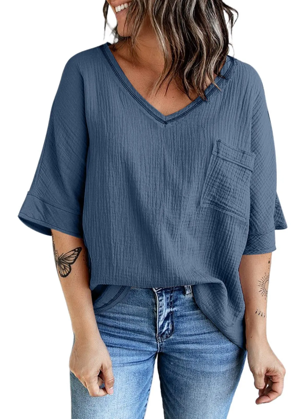 V-neck Three Quarter Length Tee with Oversized Pocket