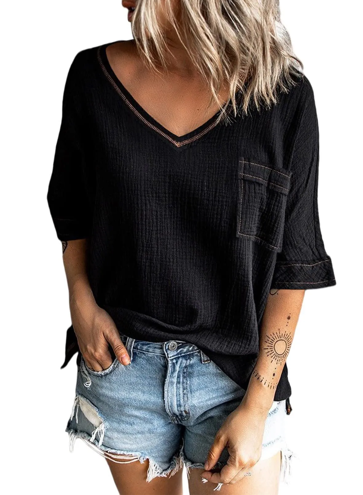 V-neck Three Quarter Length Tee with Oversized Pocket