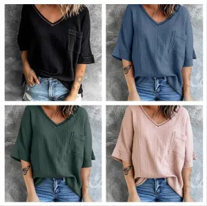 V-neck Three Quarter Length Tee with Oversized Pocket