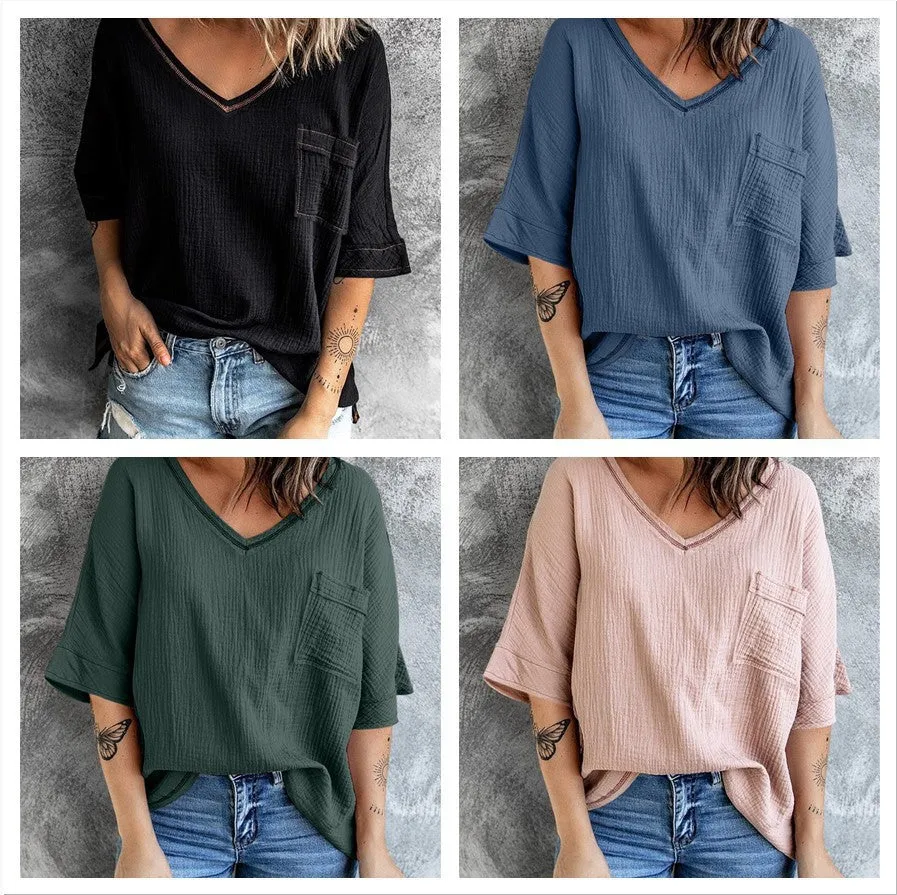 V-neck Three Quarter Length Tee with Oversized Pocket