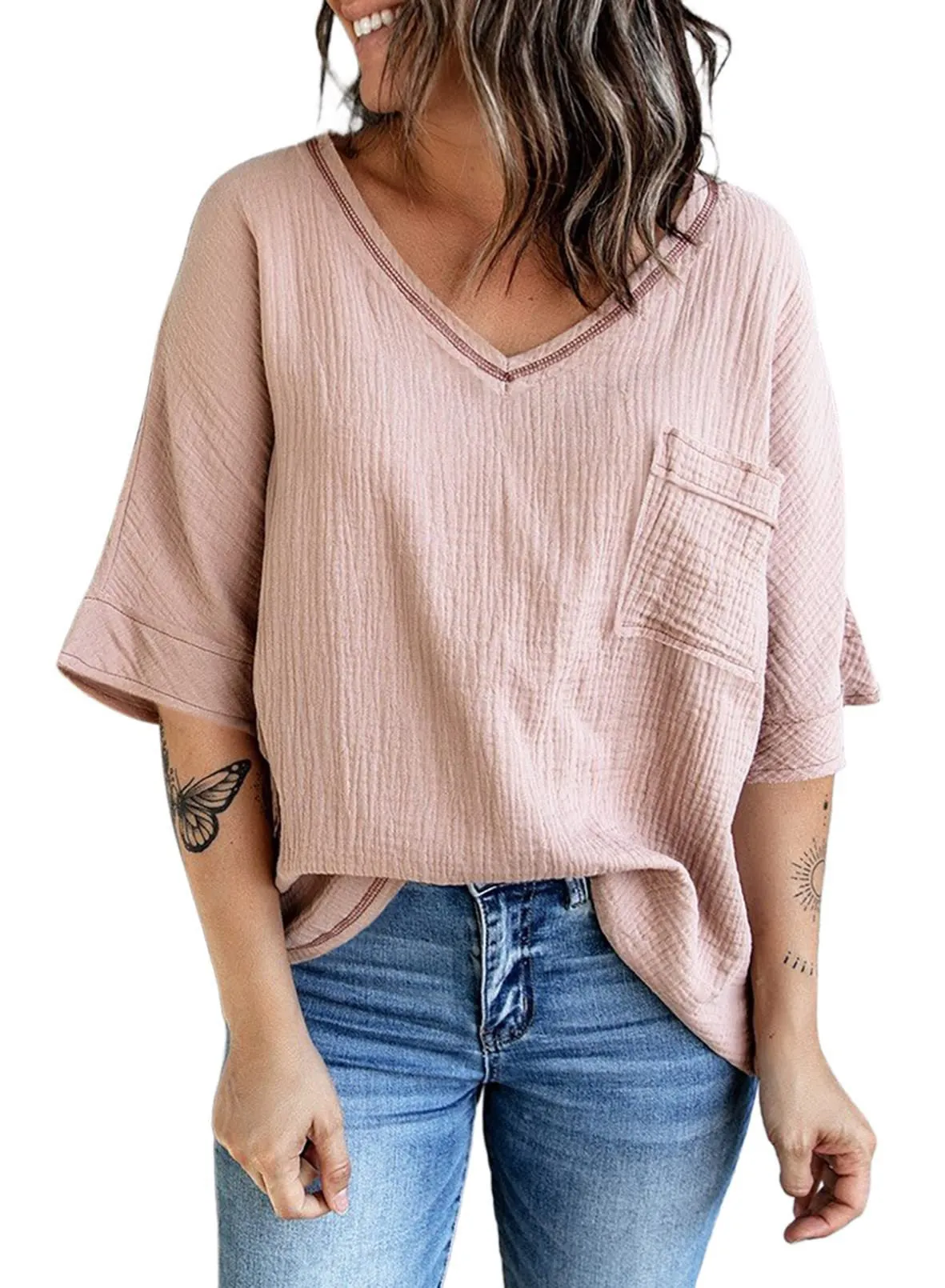 V-neck Three Quarter Length Tee with Oversized Pocket