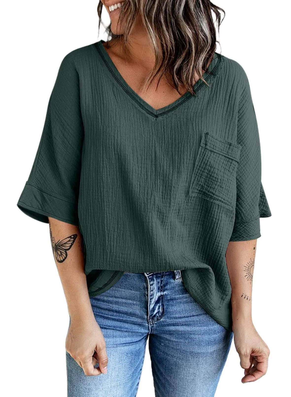 V-neck Three Quarter Length Tee with Oversized Pocket