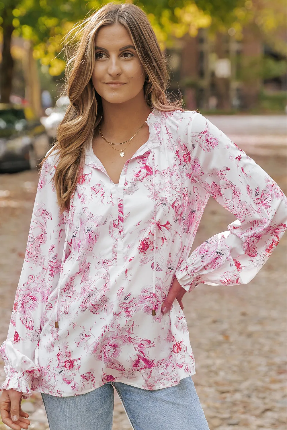 Vibrant Floral Ruffle Trim Blouse