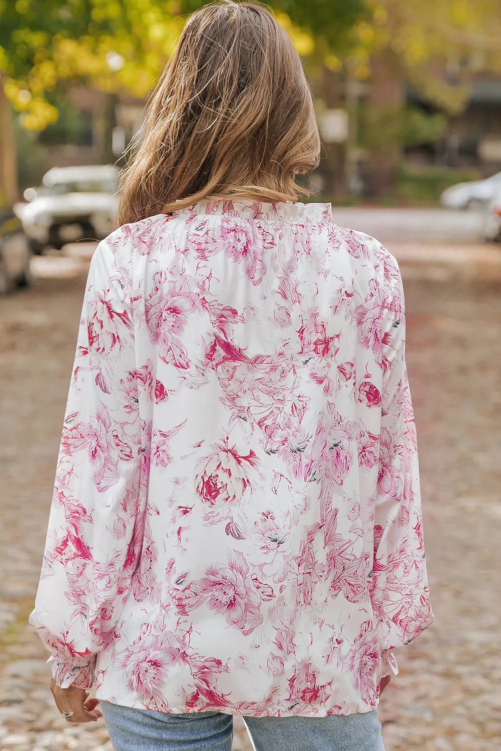 Vibrant Floral Ruffle Trim Blouse