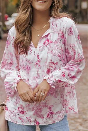 Vibrant Floral Ruffle Trim Blouse