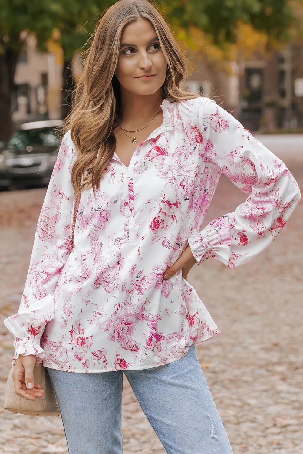 Vibrant Floral Ruffle Trim Blouse