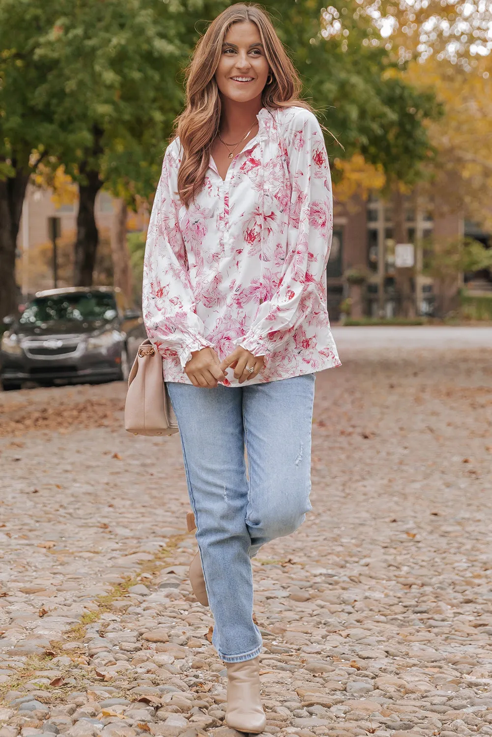 Vibrant Floral Ruffle Trim Blouse