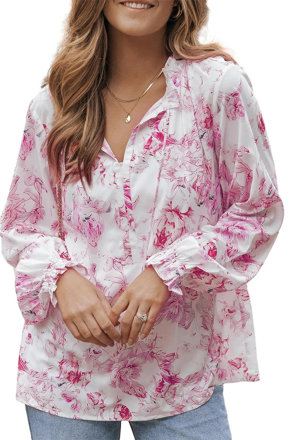 Vibrant Floral Ruffle Trim Blouse