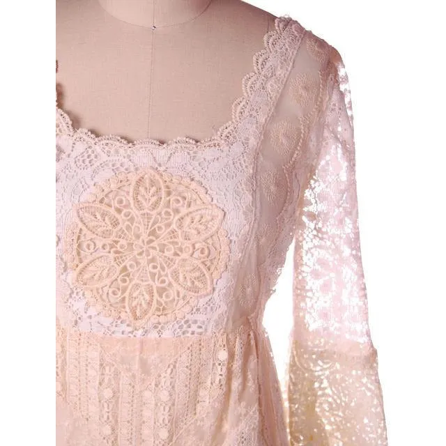 Vintage Cream Lace & Applique Wedding Dress Empire Waist 1970s Gunne Sax Style S/M