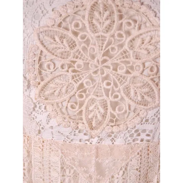 Vintage Cream Lace & Applique Wedding Dress Empire Waist 1970s Gunne Sax Style S/M