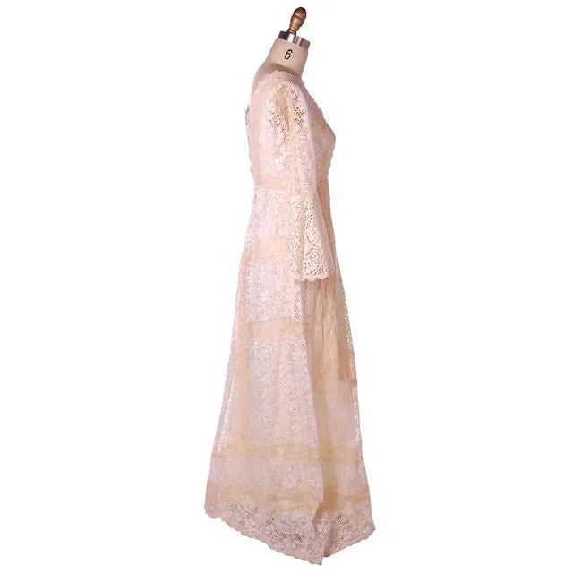 Vintage Cream Lace & Applique Wedding Dress Empire Waist 1970s Gunne Sax Style S/M