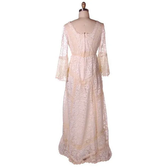 Vintage Cream Lace & Applique Wedding Dress Empire Waist 1970s Gunne Sax Style S/M