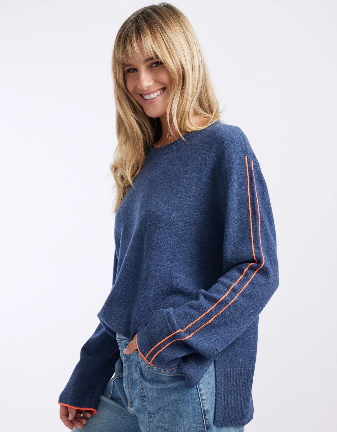 West Village Wool Cashmere Round Neck Knit - Denim/Neon Orange