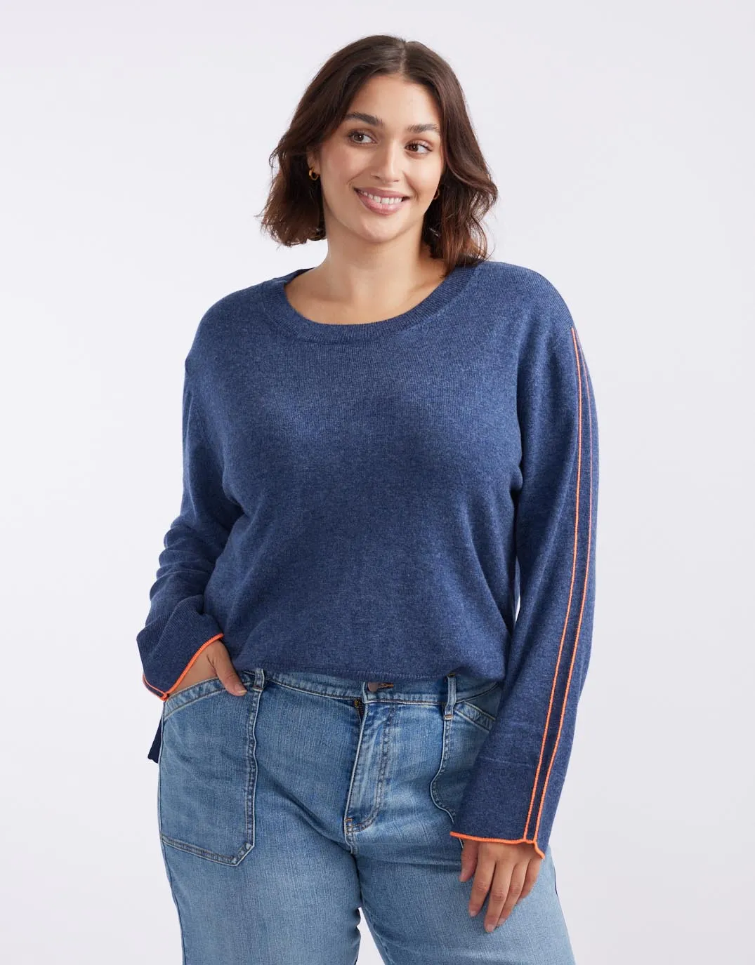 West Village Wool Cashmere Round Neck Knit - Denim/Neon Orange