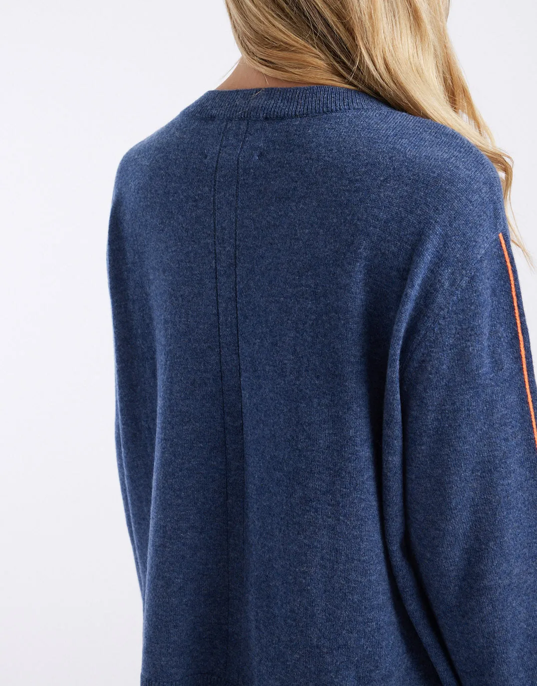 West Village Wool Cashmere Round Neck Knit - Denim/Neon Orange