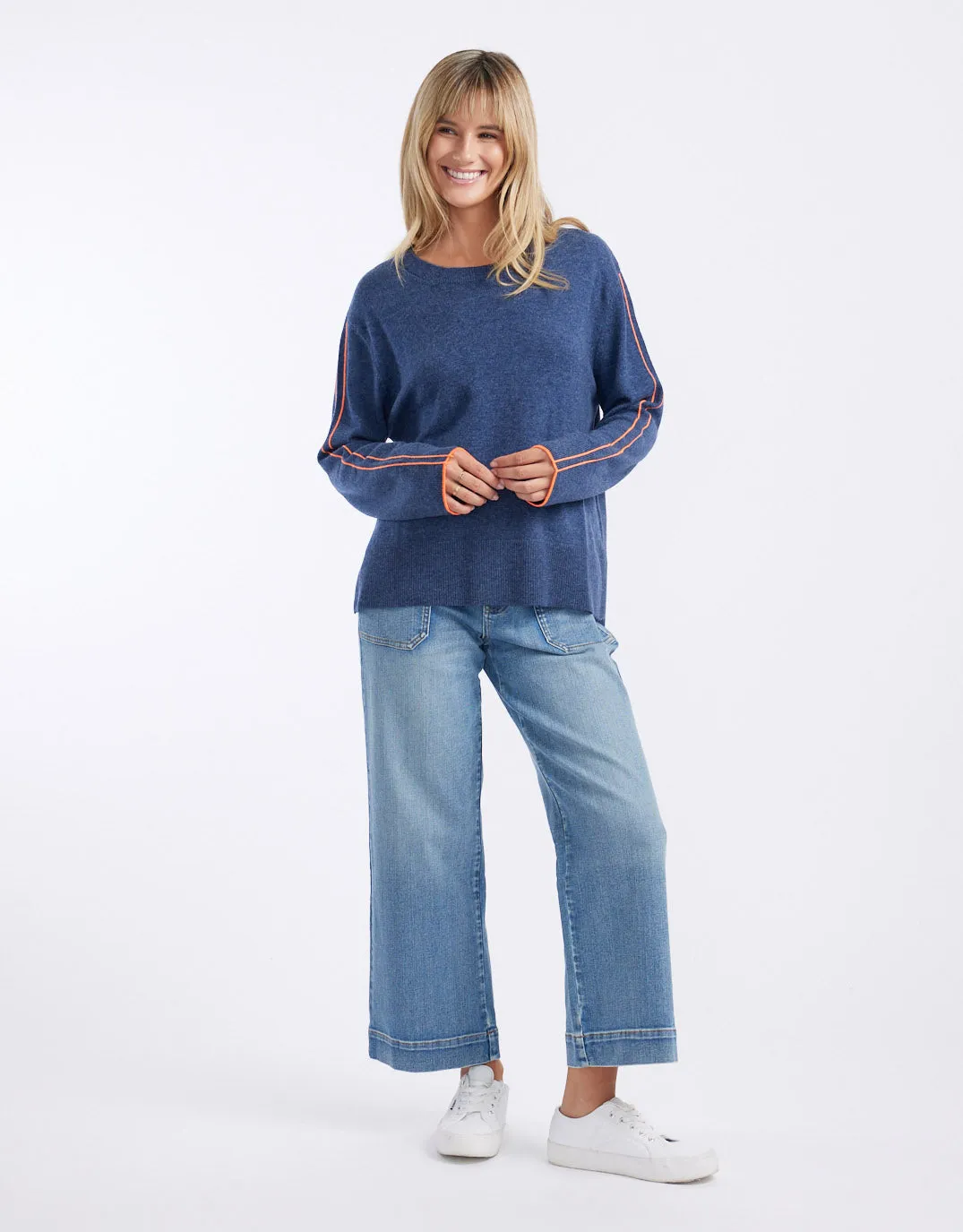 West Village Wool Cashmere Round Neck Knit - Denim/Neon Orange