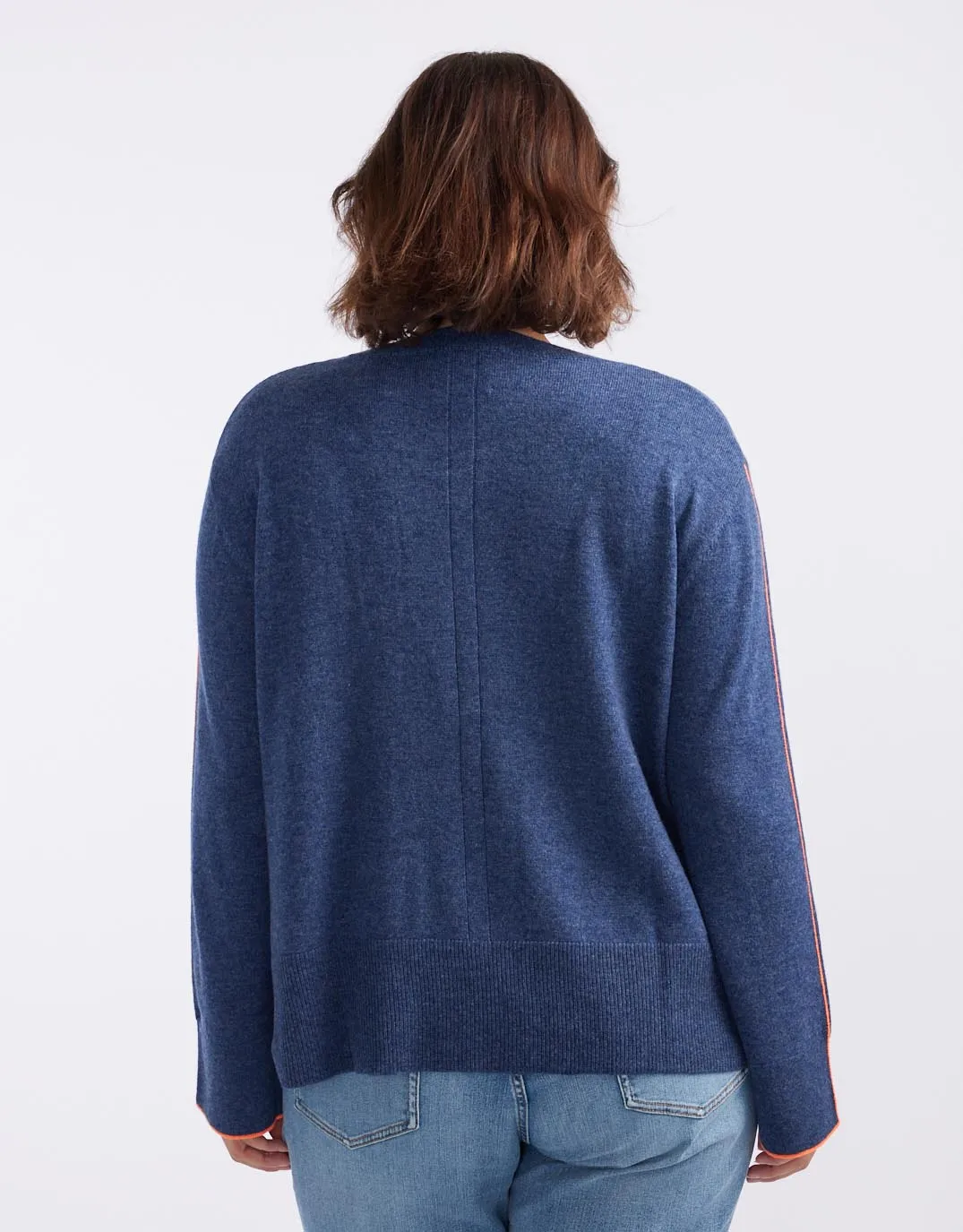 West Village Wool Cashmere Round Neck Knit - Denim/Neon Orange