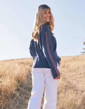 West Village Wool Cashmere Round Neck Knit - Denim/Neon Orange