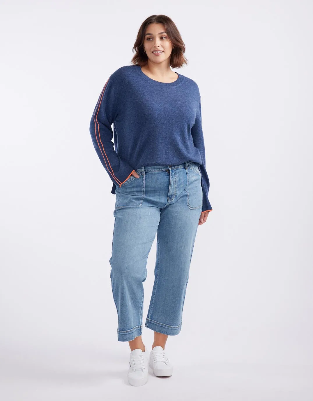West Village Wool Cashmere Round Neck Knit - Denim/Neon Orange