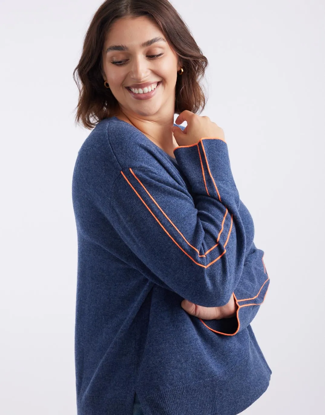 West Village Wool Cashmere Round Neck Knit - Denim/Neon Orange