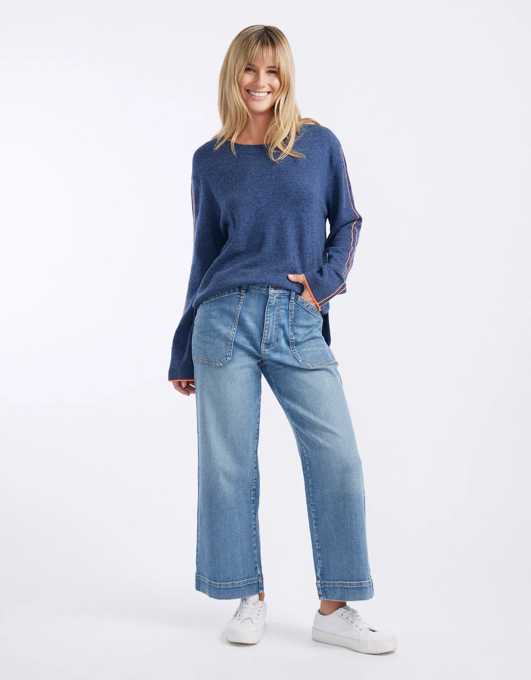 West Village Wool Cashmere Round Neck Knit - Denim/Neon Orange