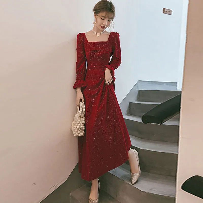 Wine Red Long Sleeve Slim Women Sexy Party Dress