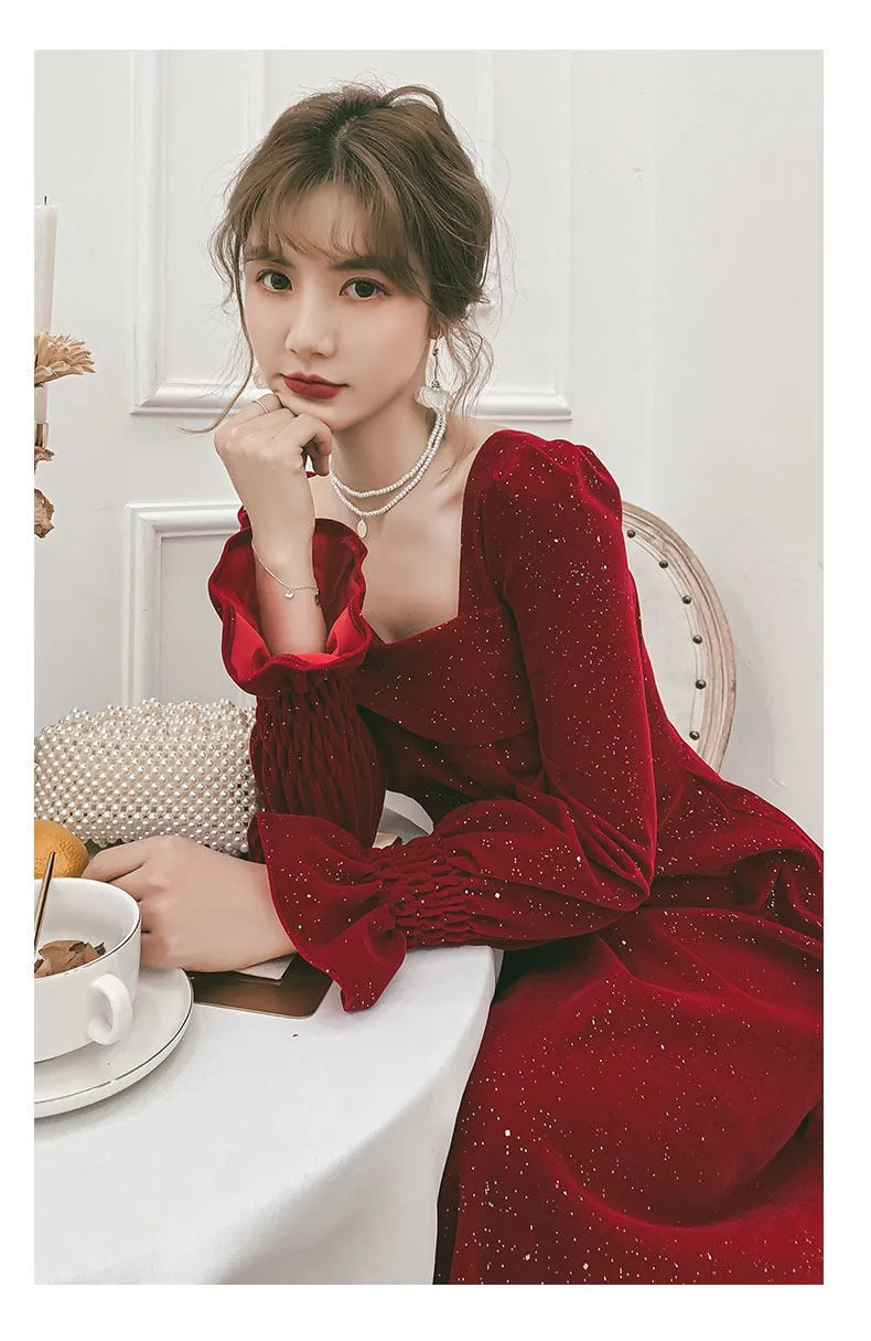 Wine Red Long Sleeve Slim Women Sexy Party Dress