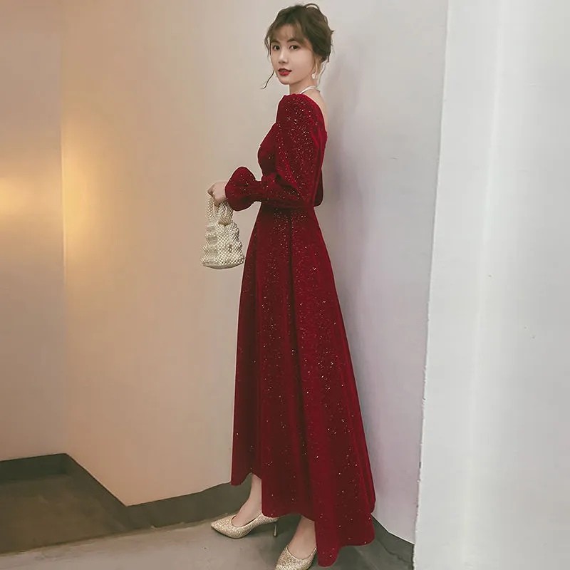 Wine Red Long Sleeve Slim Women Sexy Party Dress